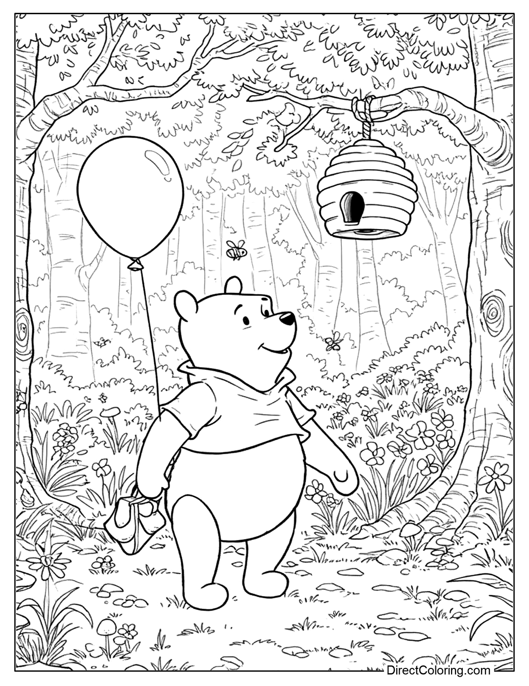 Free Winnie the Pooh in the Forest Coloring Page